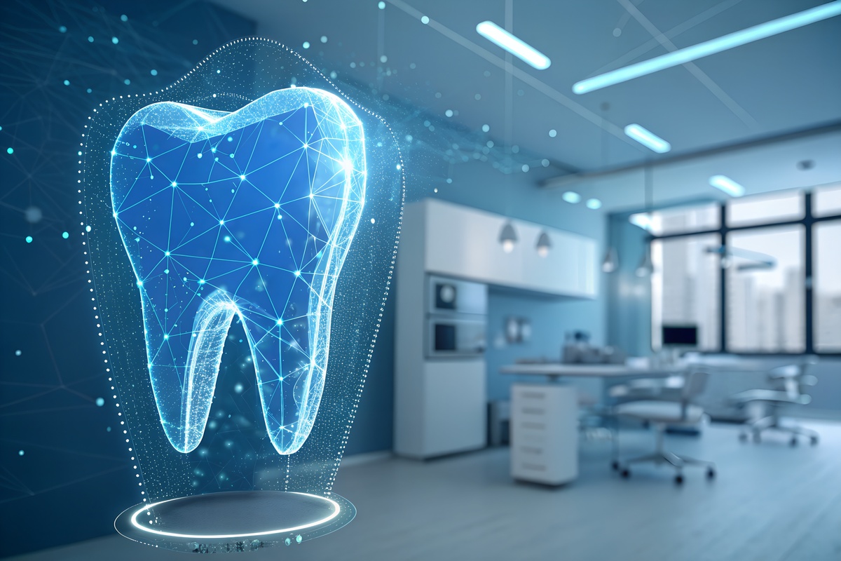 Futuristic dental technology, modern dentist clinic innovation, digital tooth scan, oral health care advancement, dental hygiene, smart dentistry solutions.